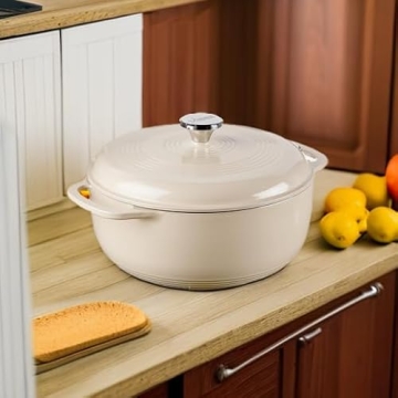 Lodge 6 Quart Enameled Cast Iron Dutch Oven with Lid – Dual Handles – Oven Safe up to 500° F or on Stovetop - Use to Marinate, Cook, Bake, Refrigerate and Serve – Sandalwood