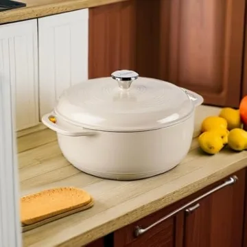 Lodge 6 Quart Enameled Cast Iron Dutch Oven with Lid – Dual Handles – Oven Safe up to 500° F or on Stovetop - Use to Marinate, Cook, Bake, Refrigerate and Serve – Sandalwood