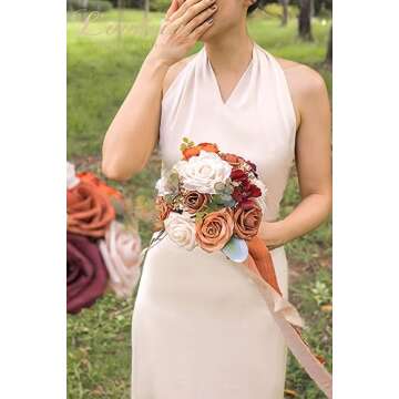 Lookein Set of 4 Bridesmaid Bouquet for Wedding 7 Inch Artificial Flowers Bouquet Wedding Bouquet Bridal Bouquet Tossing Bouquet for Wedding Ceremony Anniversary Bridal Shower, Chic Terracotta
