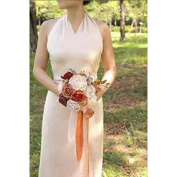 Lookein Set of 4 Bridesmaid Bouquet for Wedding 7 Inch Artificial Flowers Bouquet Wedding Bouquet Bridal Bouquet Tossing Bouquet for Wedding Ceremony Anniversary Bridal Shower, Chic Terracotta