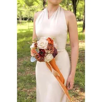 Lookein Set of 4 Bridesmaid Bouquet for Wedding 7 Inch Artificial Flowers Bouquet Wedding Bouquet Bridal Bouquet Tossing Bouquet for Wedding Ceremony Anniversary Bridal Shower, Chic Terracotta