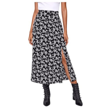 Floerns Women's Boho Floral High Waist Midi Skirt - Black Disty