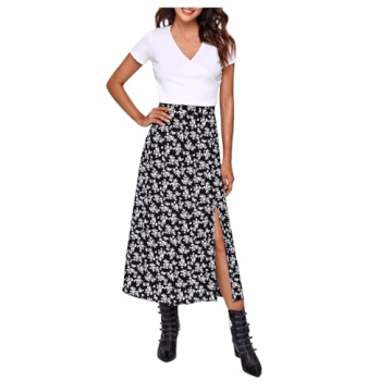 Floerns Women's Boho Floral High Waist Midi Skirt - Black Disty