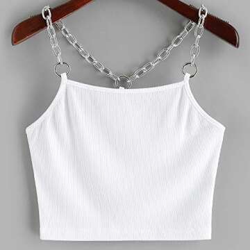 ZAFUL Women's Chain Strap Ribbed Racerback Solid Cami Crop Tank Top (White, XL)