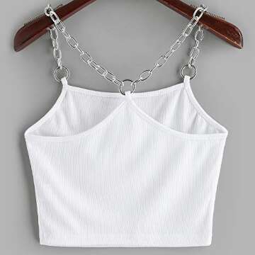 ZAFUL Women's Chain Strap Ribbed Racerback Solid Cami Crop Tank Top (White, XL)