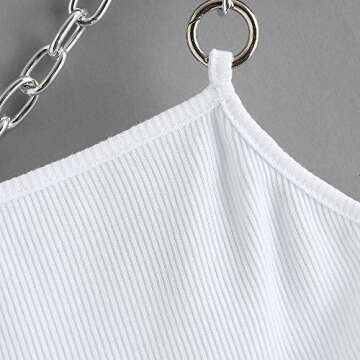 ZAFUL Women's Chain Strap Ribbed Racerback Solid Cami Crop Tank Top (White, XL)