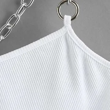 ZAFUL Women's Chain Strap Ribbed Racerback Solid Cami Crop Tank Top (White, XL)
