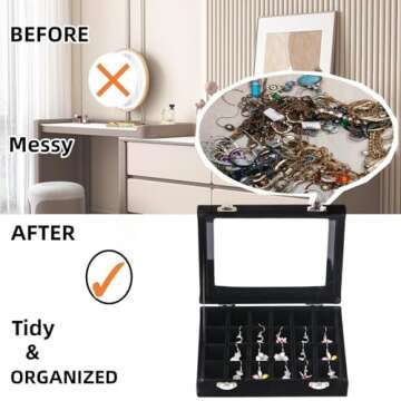 Ivosmart 24 Section Velvet Glass Jewelry Ring Display Organiser Box Tray Holder Earrings Storage Case (Black)