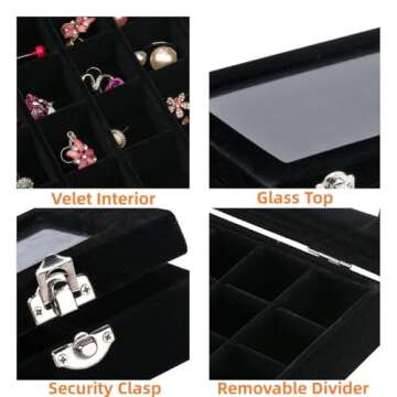 Ivosmart 24 Section Velvet Glass Jewelry Ring Display Organiser Box Tray Holder Earrings Storage Case (Black)