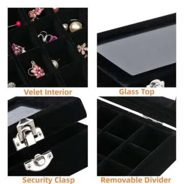 Ivosmart 24 Section Velvet Glass Jewelry Ring Display Organiser Box Tray Holder Earrings Storage Case (Black)