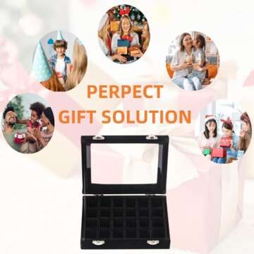 Ivosmart 24 Section Velvet Glass Jewelry Ring Display Organiser Box Tray Holder Earrings Storage Case (Black)
