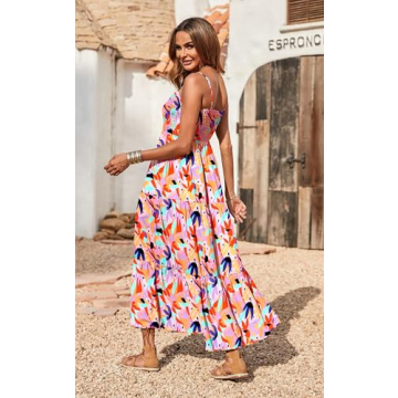 PRETTYGARDEN Long Dresses for Women 2024 Fashion Summer Maxi Dress Floral Backless Bohemian Hawaiian Long Beach Sundress (Red,S)