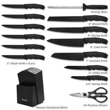 15 Piece Kitchen Knife Set with Block, Full-Tang High-Carbon Stainless-Steel Blades, Heavy Duty Hand...