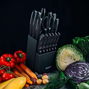 15 Piece Kitchen Knife Set with Block, Full-Tang High-Carbon Stainless-Steel Blades, Heavy Duty Handles, Black Knife Set with Block, Knife Block Set, Modern Kitchen Essentials Chef Knife Set DFACKTO
