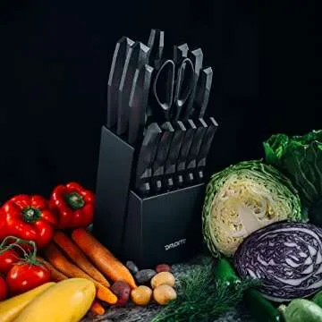15 Piece Kitchen Knife Set with Block, Full-Tang High-Carbon Stainless-Steel Blades, Heavy Duty Handles, Black Knife Set with Block, Knife Block Set, Modern Kitchen Essentials Chef Knife Set DFACKTO