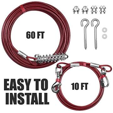 BV Dog Trolley Cable, Dog Trolley System, Camping for Dogs - Up to 125 lbs | Dog Runner Outside, Dog Cable for Yard Heavy Duty | Dog Cable 60 ft | Outdoor Camping Zipline (125lbs/ 60ft/ Trolley)