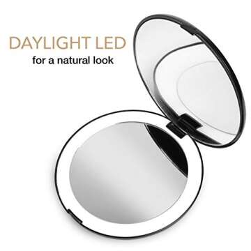 Fancii LED Lighted Travel Makeup Mirror, 1x/10x Magnification - Daylight LED, Compact, Portable, Large 5” Wide Illuminated Folding Mirror