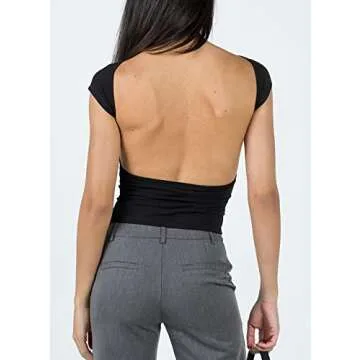 Backless Tops for Women Sexy - Casual Y2K Crop Shirts Short Sleeve Crewneck Slim Fit Cut Out Tees Black M