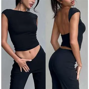 Backless Tops for Women Sexy - Casual Y2K Crop Shirts Short Sleeve Crewneck Slim Fit Cut Out Tees Black M