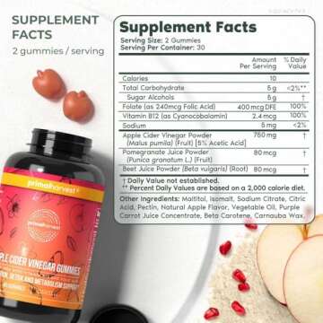 Primal Harvest ACV Gummies, 60 Sugar Free Apple Cider Gummies Beetroot and Pomegranate to Support Im...