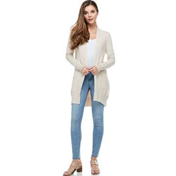 Alexander + David Women's Basic Open Front Long Sleeved Soft Knit Cardigan Sweater Lightweight with Pockets (Oatmeal, Small/Medium)