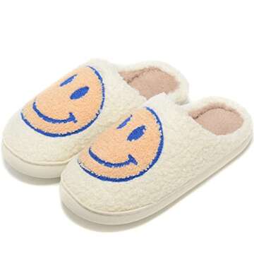 Smile Face Slippers for Women Men Warm Non-Slip Comfortable Home Happy Face Slippers Winter Slides, Blue, 9.5-10.5 Women/9-10 Men