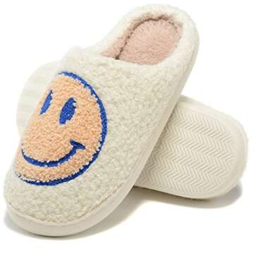 Smile Face Slippers for Women Men Warm Non-Slip Comfortable Home Happy Face Slippers Winter Slides, Blue, 9.5-10.5 Women/9-10 Men