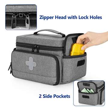CURMIO Medicine Storage Bag Empty, Lockable Pill Bottle Organizer with Portable Zippered Pouches for First Aid Kits, Medicine Box for Home and Travel, Gray (Patent Pending)