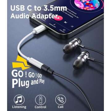 USB C to 3.5mm Audio Headphone Adapter, Type C to Headphone Jack Adapter, Aux Audio Dongle Cable Cor...