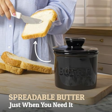 PriorityChef French Butter Crock with Lid, Get on Demand Spreadable Butter, Ceramic Butter Keeper to Leave on Counter with Water Line, Black