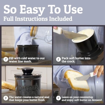 PriorityChef French Butter Crock with Lid, Get on Demand Spreadable Butter, Ceramic Butter Keeper to Leave on Counter with Water Line, Black
