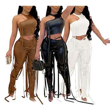 WOKANSE Women's Sexy 2 Piece Outfits Clubwear Irregular Sleeveless Crop Tops Bodycon Strappy Pants Sets Tracksuit Black L