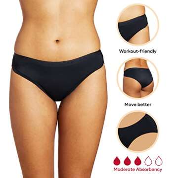 THINX Sport Period Underwear for Women, Holds up to 3 Regular Tampons Worth, FSA HSA Approved Feminine Care Period Panties, Helps Control Odor, Moderate Absorbency Menstrual Underwear, Black, Small