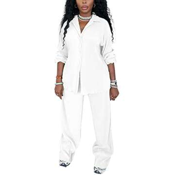 kaimimei Wide Leg Pants Sets Women 2 Piece Outfits - Casual Long Sleeve Button Down Shirt Linen Pant...