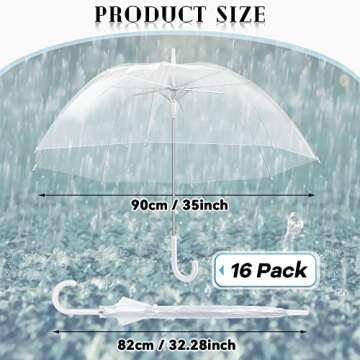 Fabbay 16 Pcs Clear Umbrellas Wedding Stick Bubble Umbrellas Rain Transparent Umbrellas Bulk Auto Open J Hook Handle Large Canopy Bubble Umbrellas for White Bridal Party Men Women Children