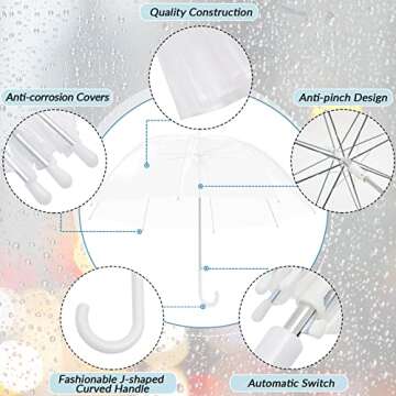 Fabbay 16 Pcs Clear Umbrellas Wedding Stick Bubble Umbrellas Rain Transparent Umbrellas Bulk Auto Open J Hook Handle Large Canopy Bubble Umbrellas for White Bridal Party Men Women Children