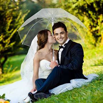 Fabbay 16 Pcs Clear Umbrellas Wedding Stick Bubble Umbrellas Rain Transparent Umbrellas Bulk Auto Open J Hook Handle Large Canopy Bubble Umbrellas for White Bridal Party Men Women Children