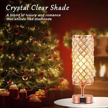 Hong-in Crystal Table Lamp, Rose Gold Lamp with USB C+A Ports, 3 Way Dimmable Touch Lamp with Crysta...