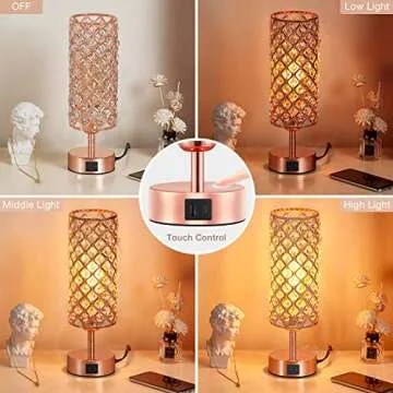 Hong-in Crystal Table Lamp, Rose Gold Lamp with USB C+A Ports, 3 Way Dimmable Touch Lamp with Crystal Shade, Bedside Nightstand Small Lamp for Living Room Bedroom Home Office (Bulb Included)