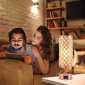 Hong-in Crystal Table Lamp, Rose Gold Lamp with USB C+A Ports, 3 Way Dimmable Touch Lamp with Crystal Shade, Bedside Nightstand Small Lamp for Living Room Bedroom Home Office (Bulb Included)