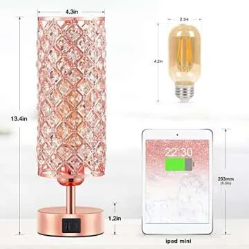 Hong-in Crystal Table Lamp, Rose Gold Lamp with USB C+A Ports, 3 Way Dimmable Touch Lamp with Crystal Shade, Bedside Nightstand Small Lamp for Living Room Bedroom Home Office (Bulb Included)