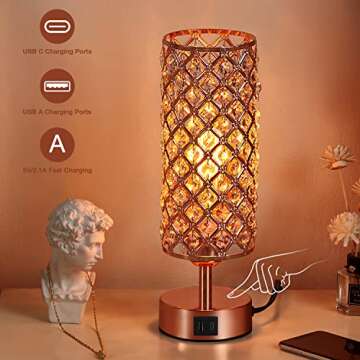 Hong-in Crystal Table Lamp, Rose Gold Lamp with USB C+A Ports, 3 Way Dimmable Touch Lamp with Crystal Shade, Bedside Nightstand Small Lamp for Living Room Bedroom Home Office (Bulb Included)