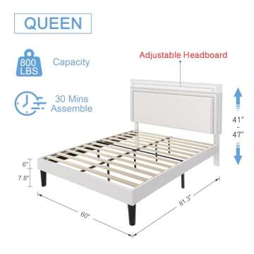 VECELO Queen Size Platform Bed Frame with Height Adjustable Upholstered Headboard, Modern Mattress F...