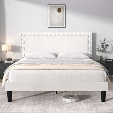 VECELO Queen Size Platform Bed Frame with Height Adjustable Upholstered Headboard, Modern Mattress Foundation,Strong Wood Slat Support, No Box Spring Needed, Easy Assembly