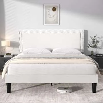 VECELO Queen Size Platform Bed Frame with Height Adjustable Upholstered Headboard, Modern Mattress Foundation,Strong Wood Slat Support, No Box Spring Needed, Easy Assembly