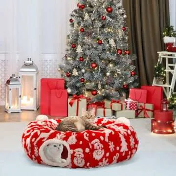 Maansfy Cat Tunnel Bed Christmas Tree Skirt for Indoor Cats, Large Peekaboo Cat Cave Decorative Christmasn Cat Donut Tunnel Multifunctional Cat Tube Playground Toys for Kitten Medium Large Cat (Red)