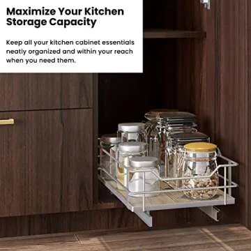 Home Zone Living Pull Out Kitchen Cabinet Organizer with Slide Out Drawer for Space Saving Storage, 11”W x 21”L, Satin Nickel Light Brown Wood Finish