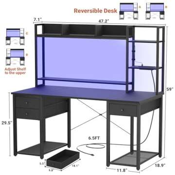 Aheaplus Desk with LED and Outlets, Gaming Desk with Hutch, 47.2'' Computer Desk with Drawers, Rever...