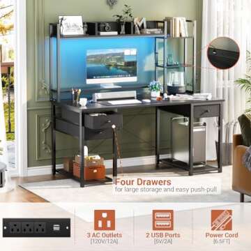 Aheaplus Desk with LED and Outlets, Gaming Desk with Hutch, 47.2'' Computer Desk with Drawers, Reversible Office Desk with Storage Bookshelf Large Workstation Desk with Shelf, Desk for Home, Black