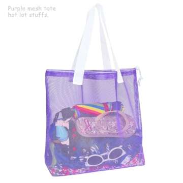 hsmyank Reusable 4Pack Colorful Mesh Beach Tote Bags,Mesh Shopping Bag With Drawstring For Travel,Toys,Gift Or Laundry … … (WHITE HANDLE)